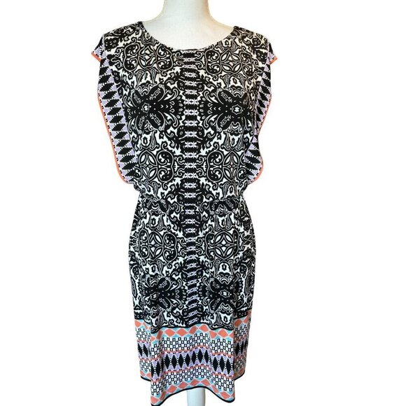 London Style Collection Women's Dress Size 4 Black White Pattern Coral Trim NEW - Picture 1 of 15